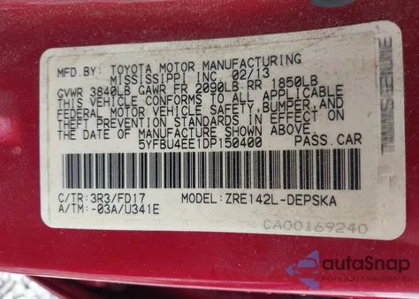 2013 Toyota Corolla S from USA, damaged, VIN 5YFBU4EE1DP150400